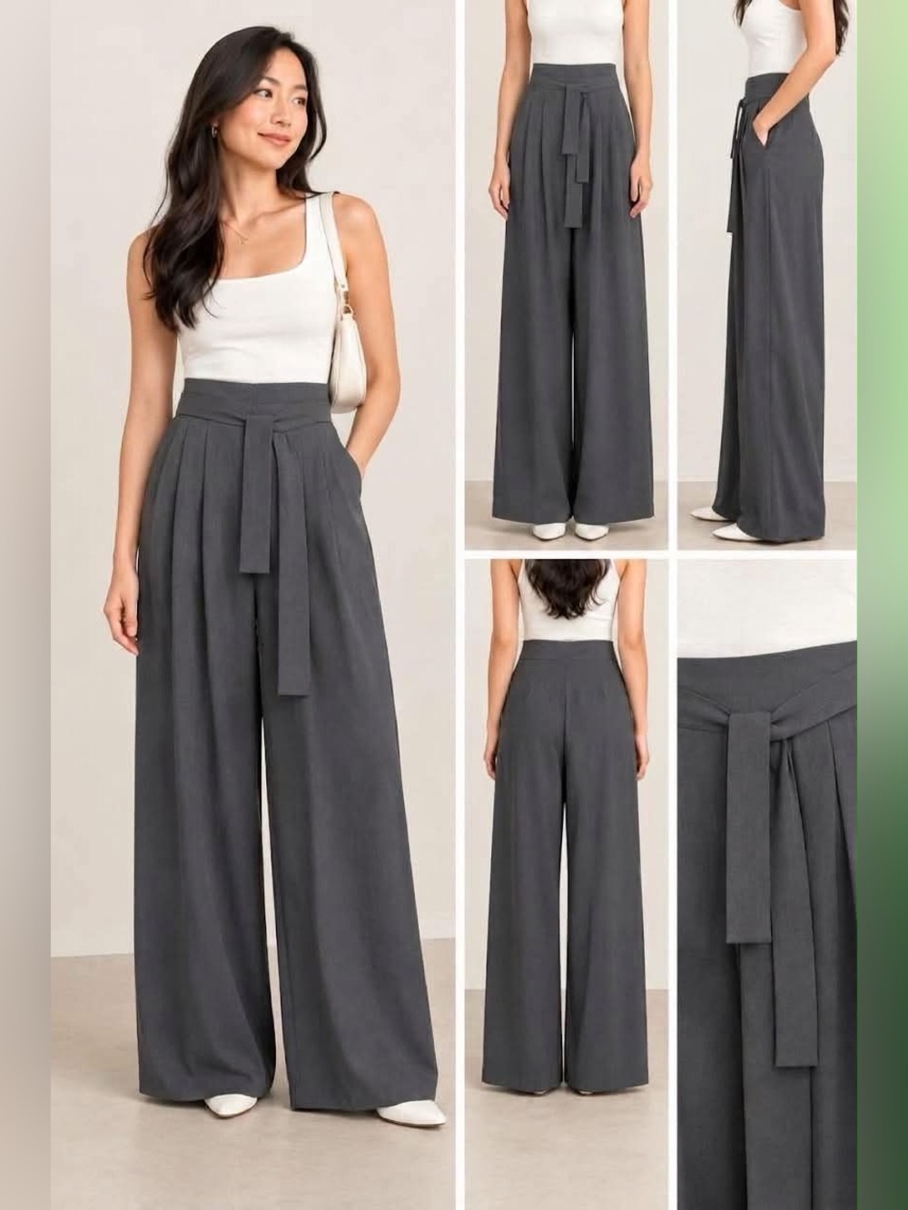 BRANDNEW Wide-Leg High-Waist Tie-Belt Pants — Dark Gray